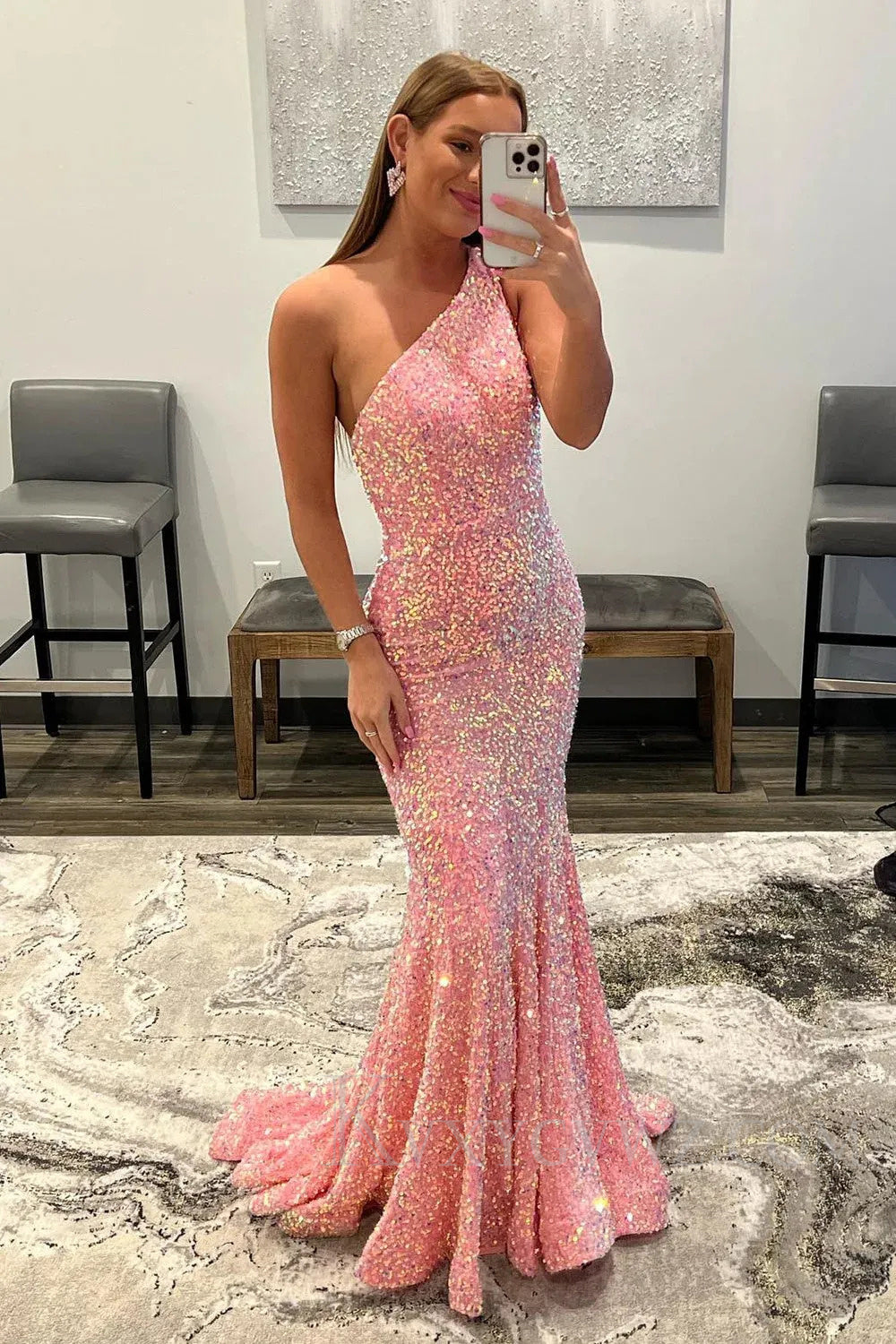 Coral Sequins One Shoulder Mermaid Sweep Train Long Prom Dress LF161