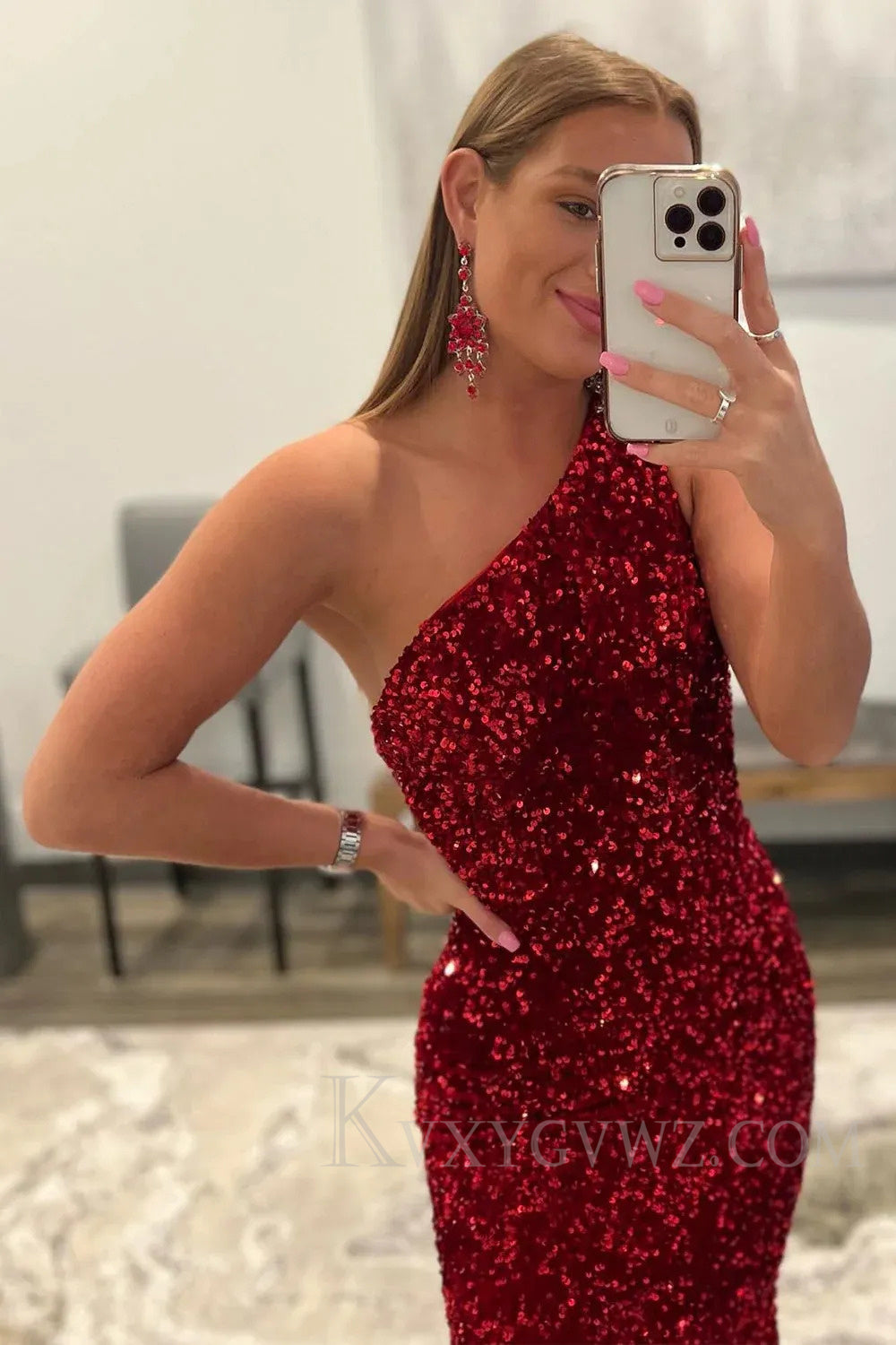 Coral Sequins One Shoulder Mermaid Sweep Train Long Prom Dress LF161