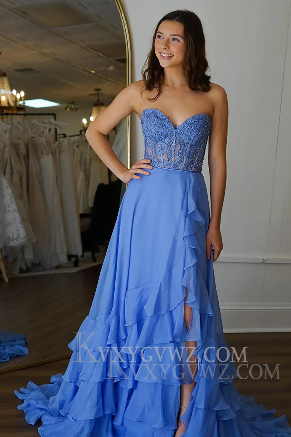 Blue Corset Ruffled Chiffon Long Prom Dress with Slit LF163