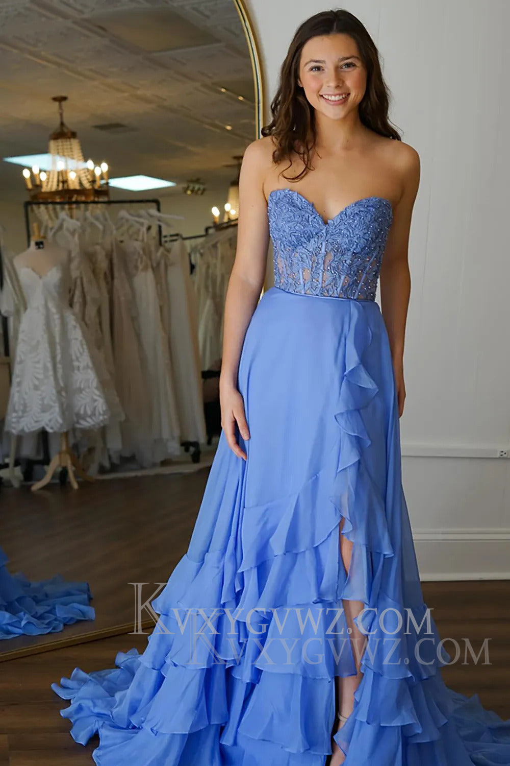 Blue Corset Ruffled Chiffon Long Prom Dress with Slit LF163