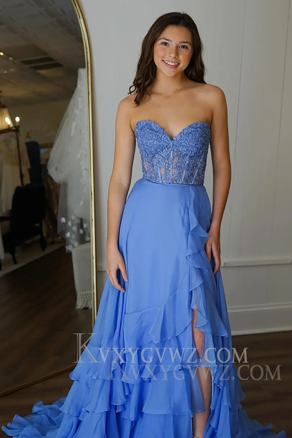 Blue Corset Ruffled Chiffon Long Prom Dress with Slit LF163