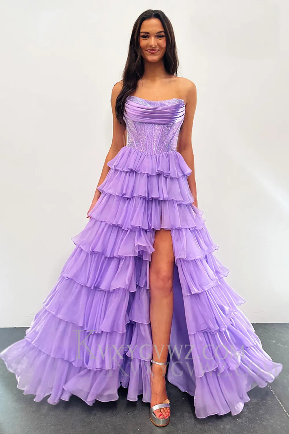 Sparkly Navy A Line Strapless Corset Long Chiffon Prom Dress LF164