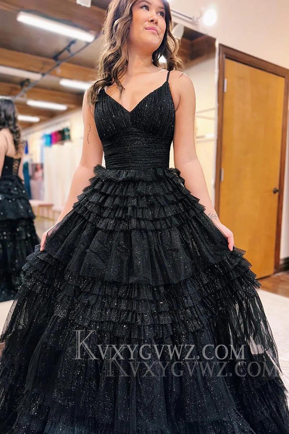 Sparkly Tulle Spaghetti Straps Sage Ruffled Long Prom Dress LF166