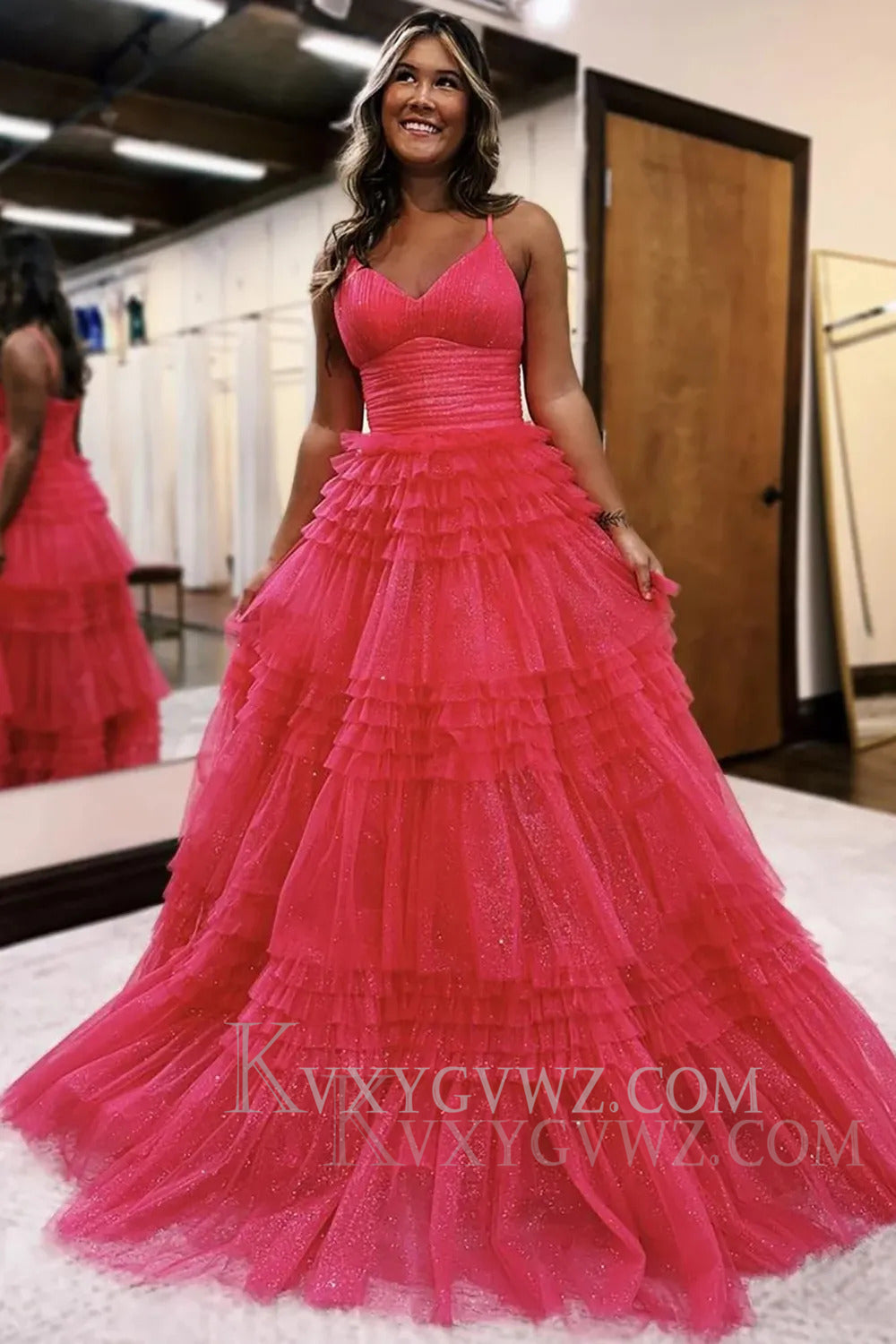 Sparkly Tulle Spaghetti Straps Sage Ruffled Long Prom Dress LF166
