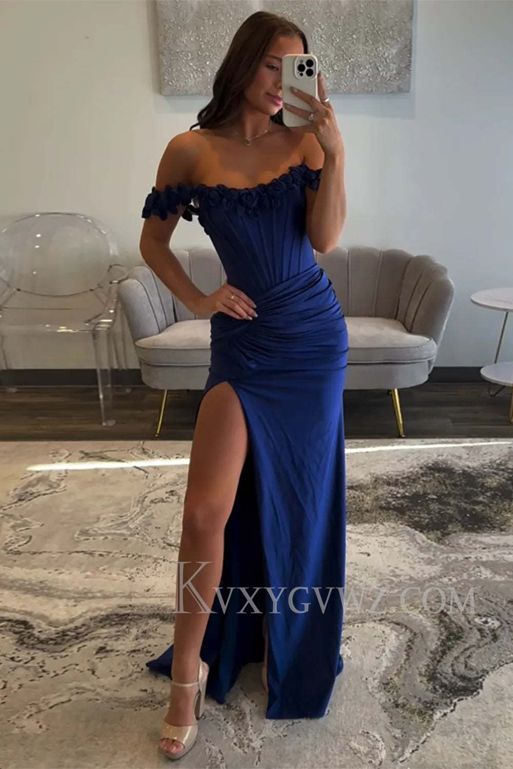 Light Blue Off The Shoulder Corset Mermaid Long Prom Dress with Slit LF172