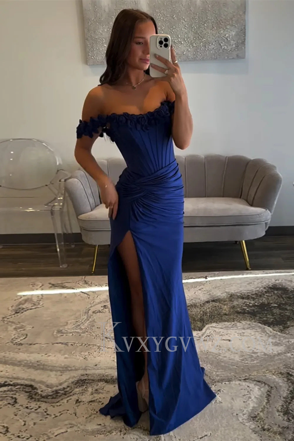 Light Blue Off The Shoulder Corset Mermaid Long Prom Dress with Slit LF172