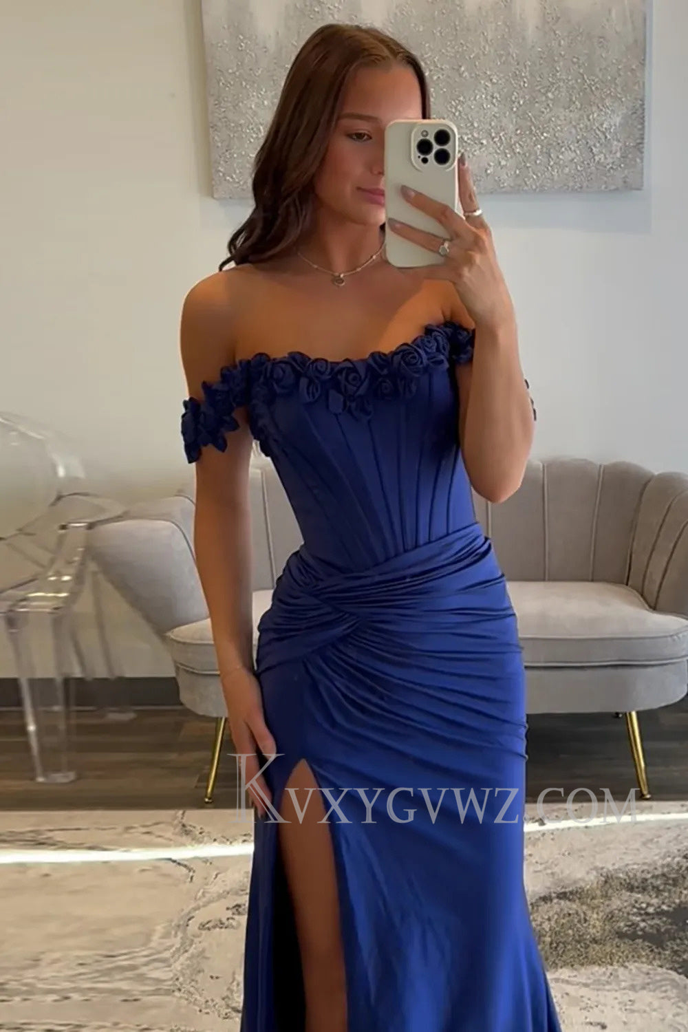 Light Blue Off The Shoulder Corset Mermaid Long Prom Dress with Slit LF172