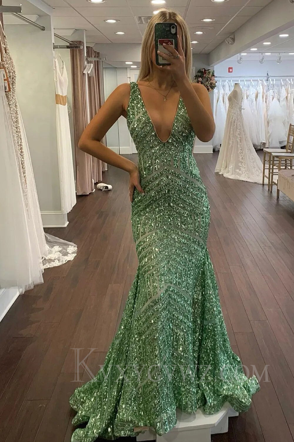 Light Purple Deep V Neck Sequin Mermaid Prom Dress LF018