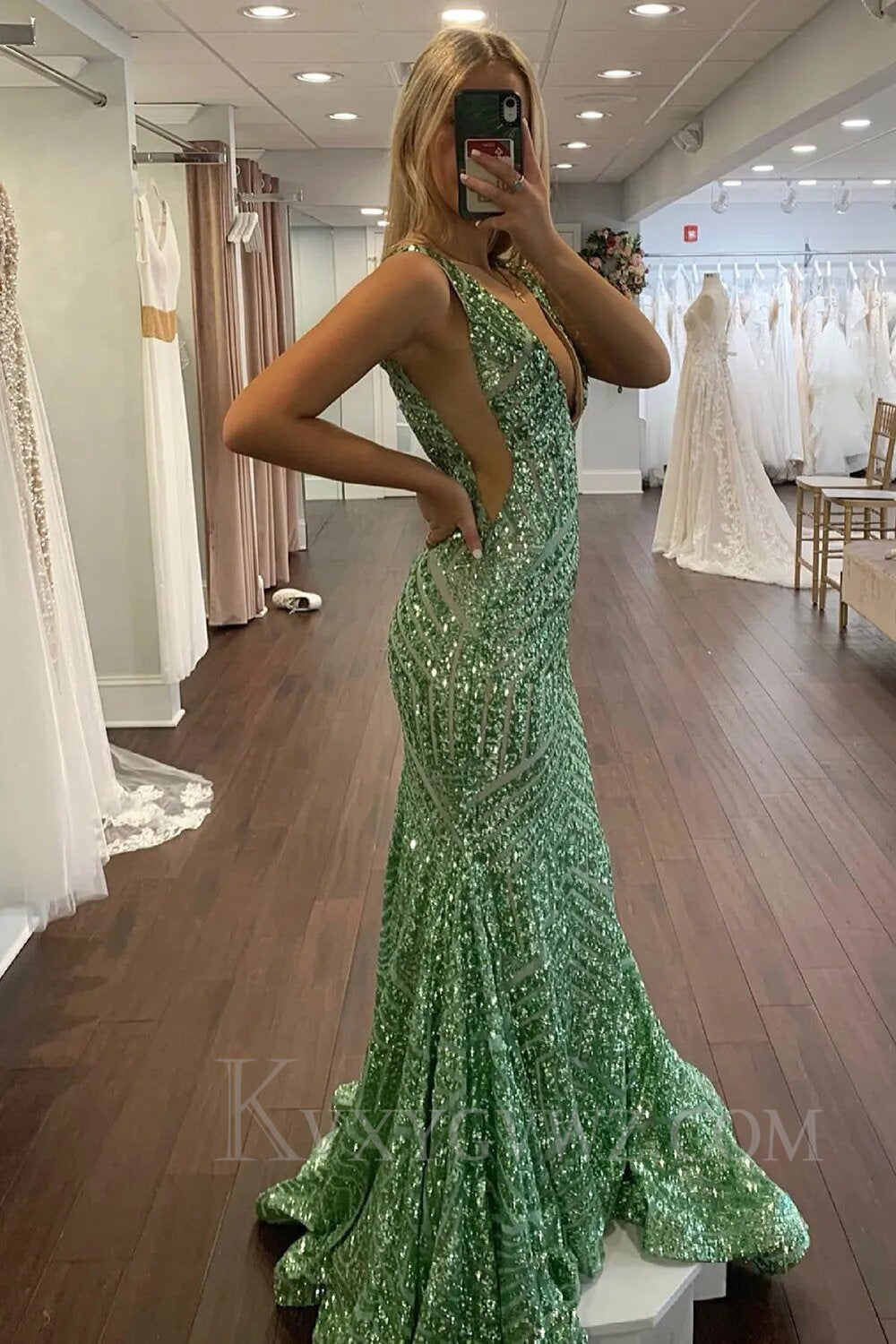 Light Purple Deep V Neck Sequin Mermaid Prom Dress LF018