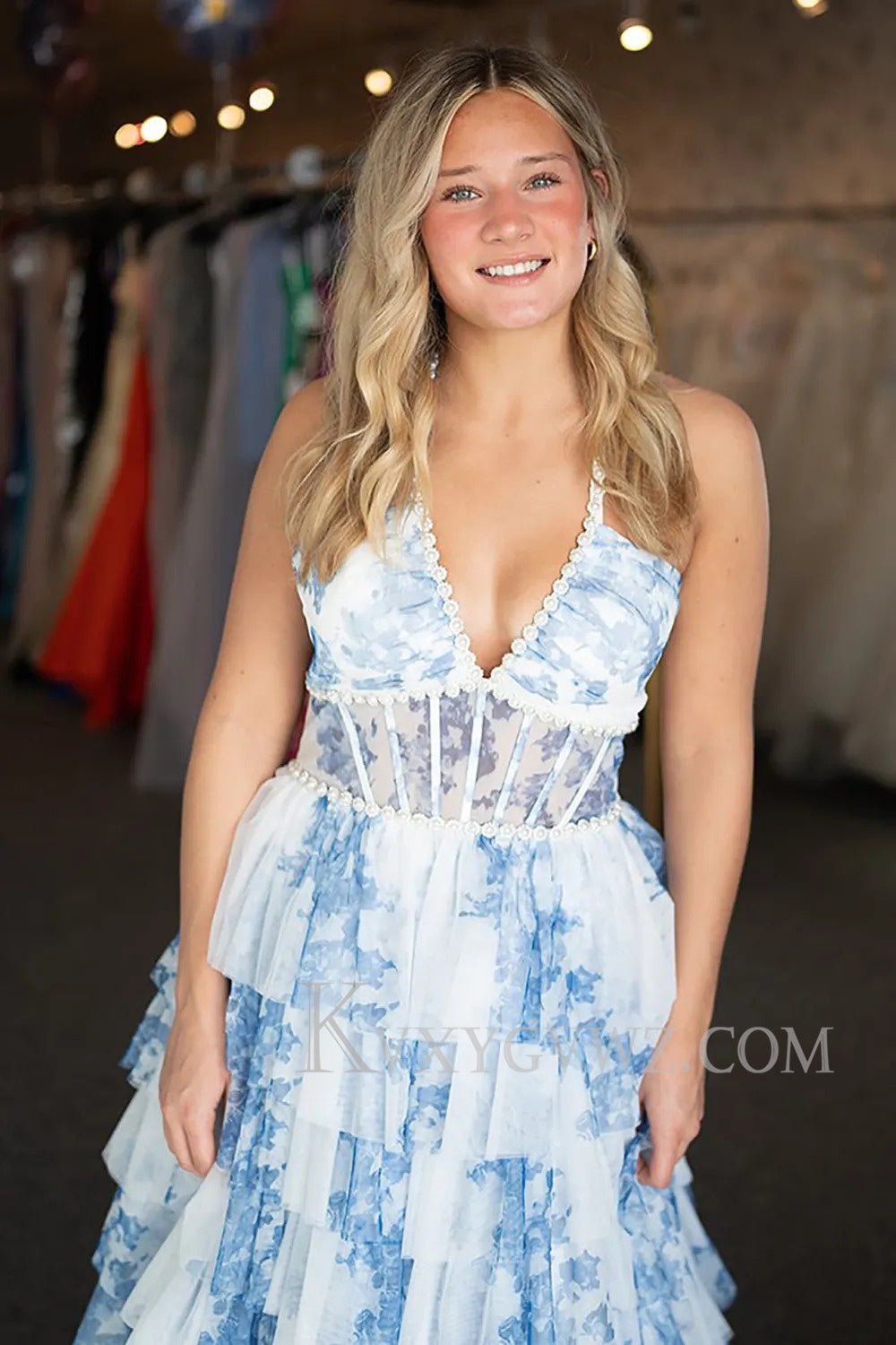 White Blue A Line Corset Ruffled Floral Long Prom Dress LF183