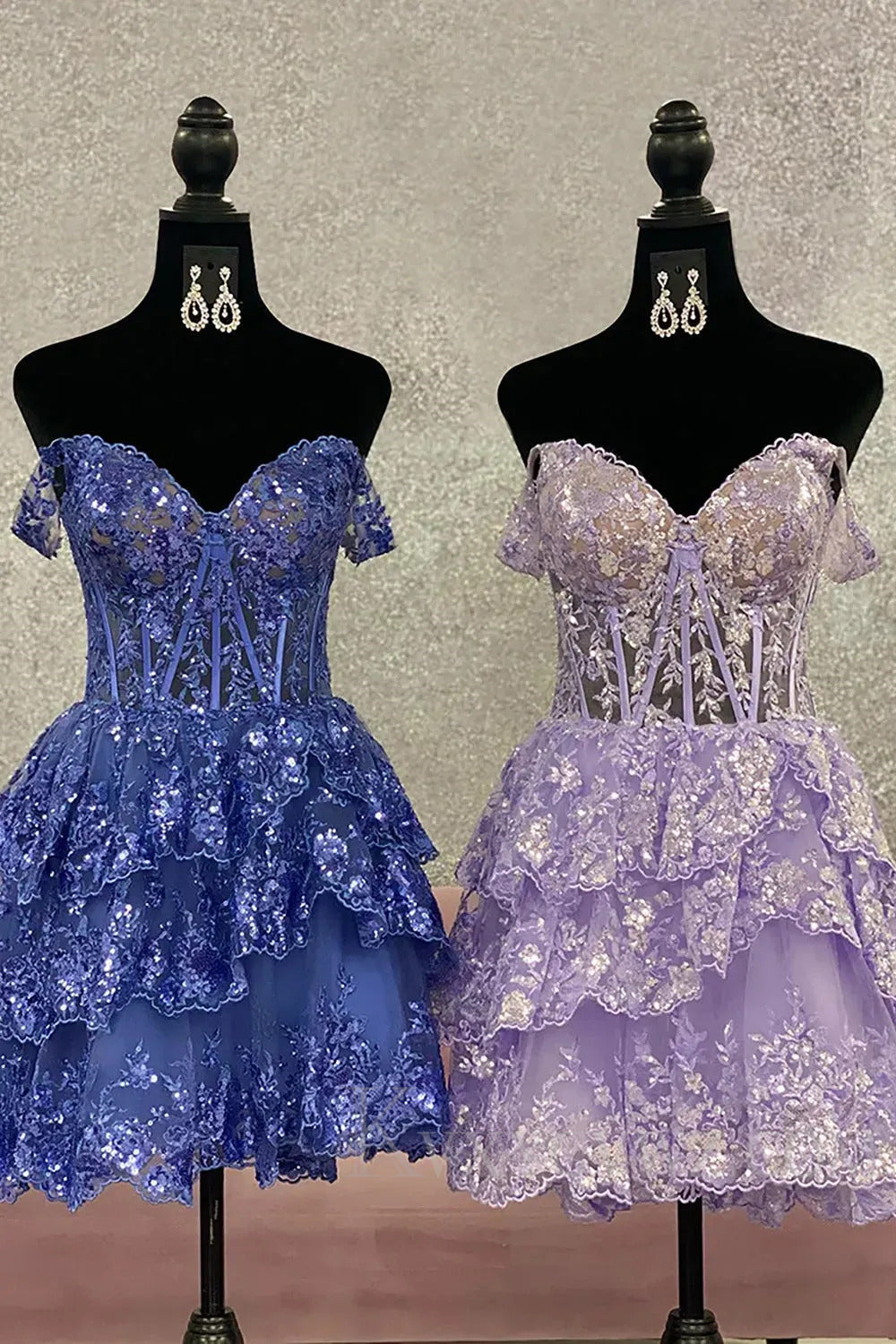 Sparkly Lilac A Line Tiered Lace Short Homecoming Prom Dress LF189
