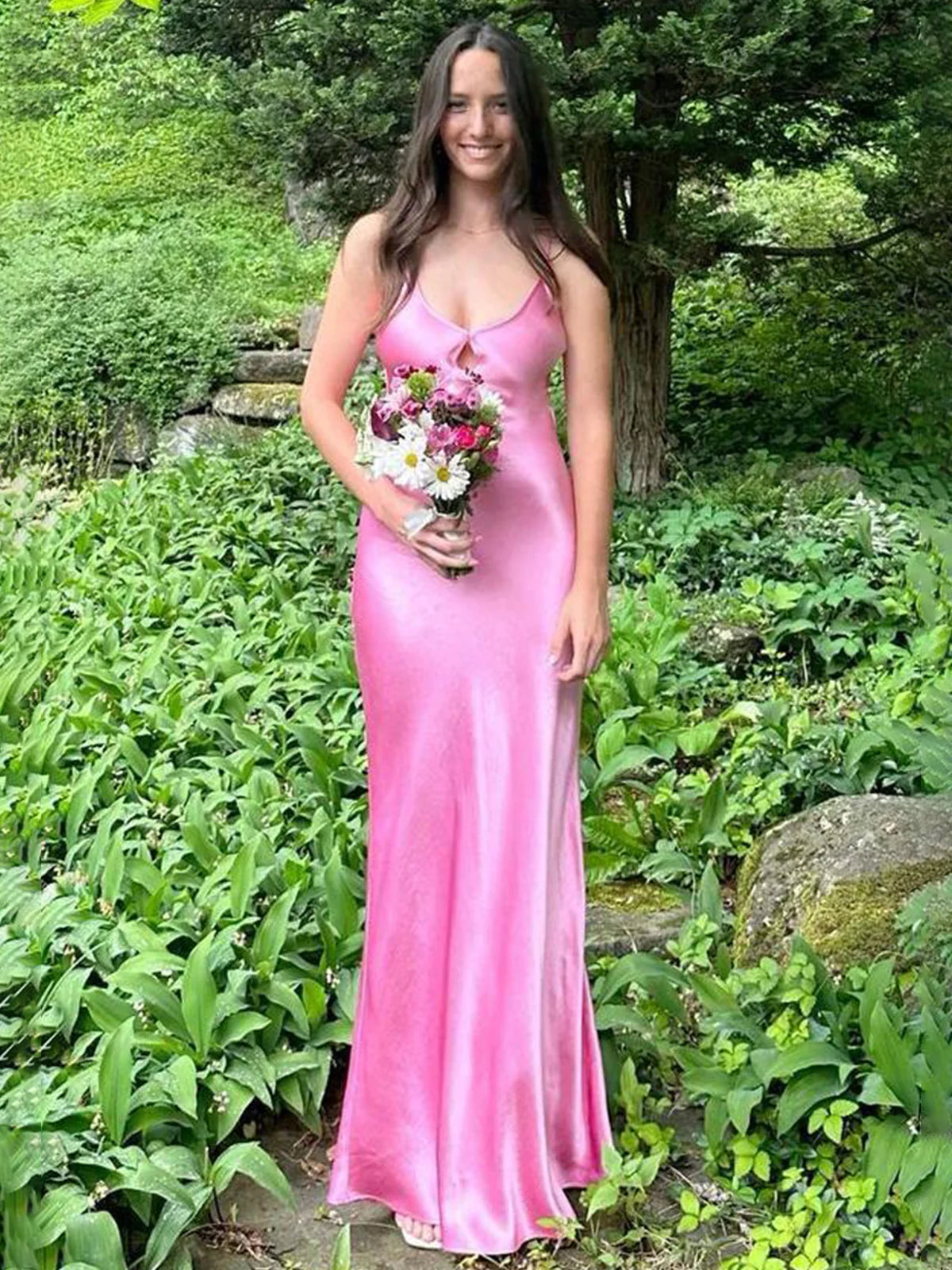 Stunging Mermaid V Neck Keyhole Pink Satin Prom Dress Gown LF1185
