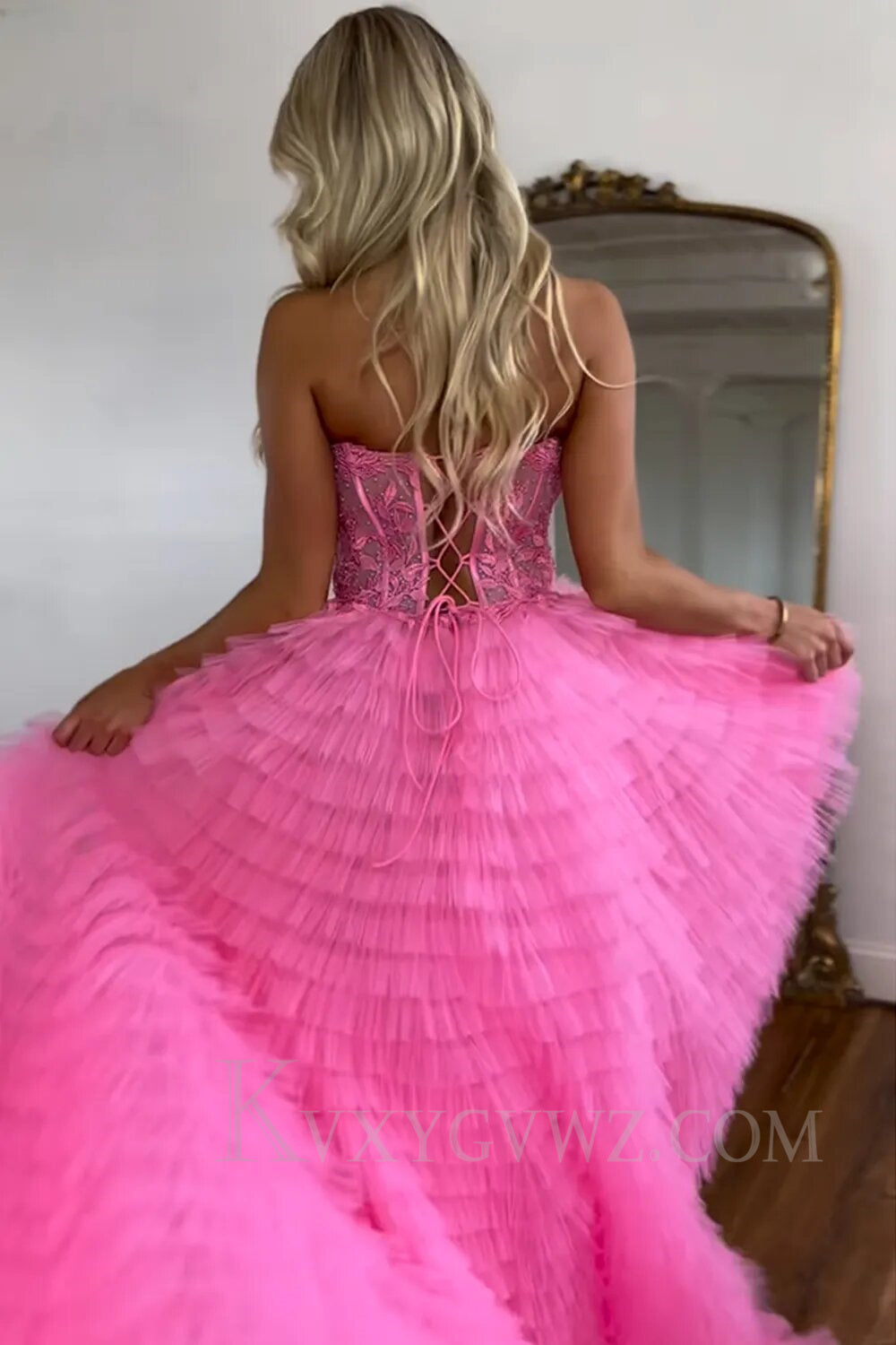 Pink Corset A-Line Sweetheart Tiered Long Prom Dress with Lace LF019