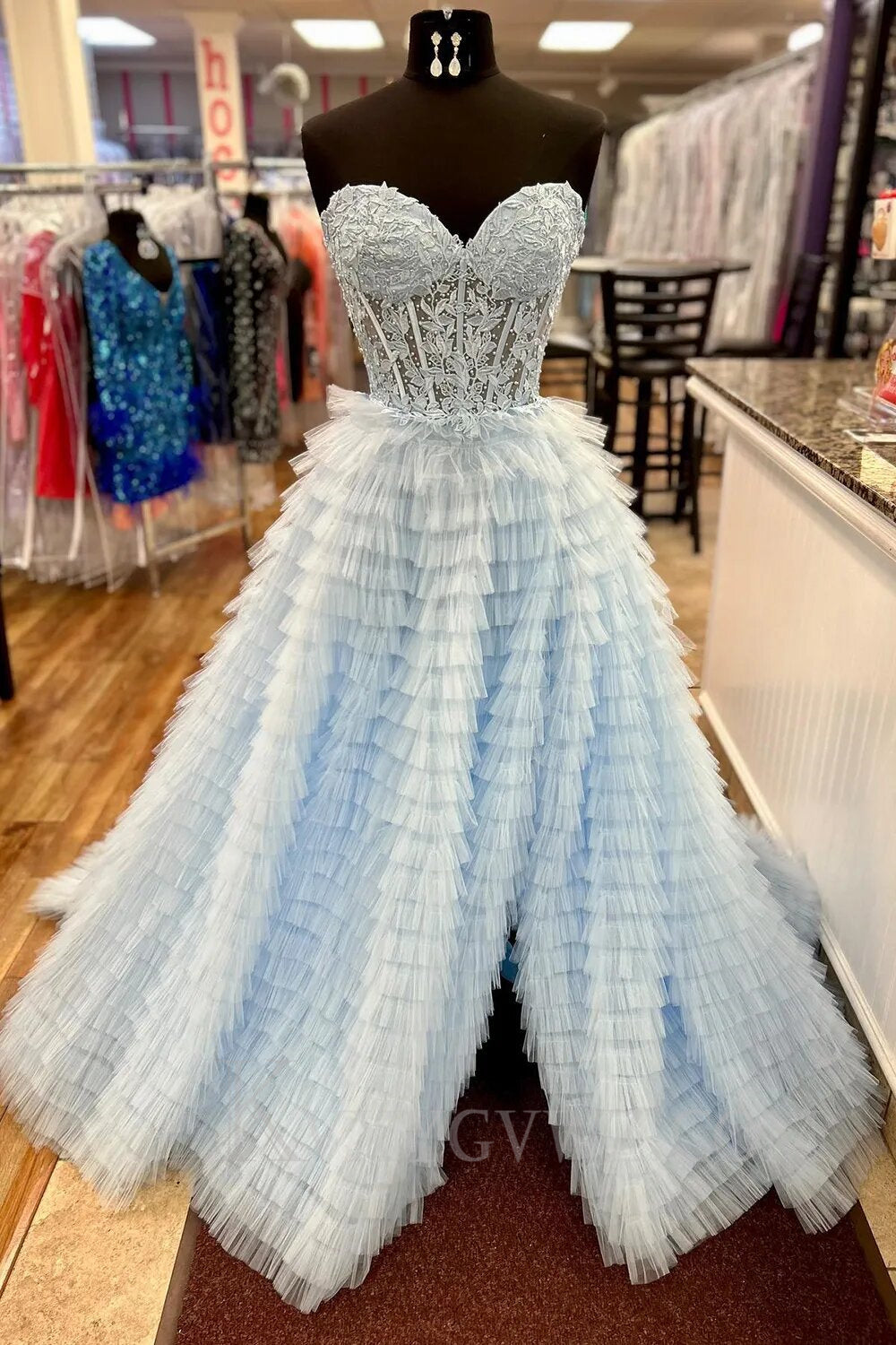 Pink Corset A-Line Sweetheart Tiered Long Prom Dress with Lace LF019