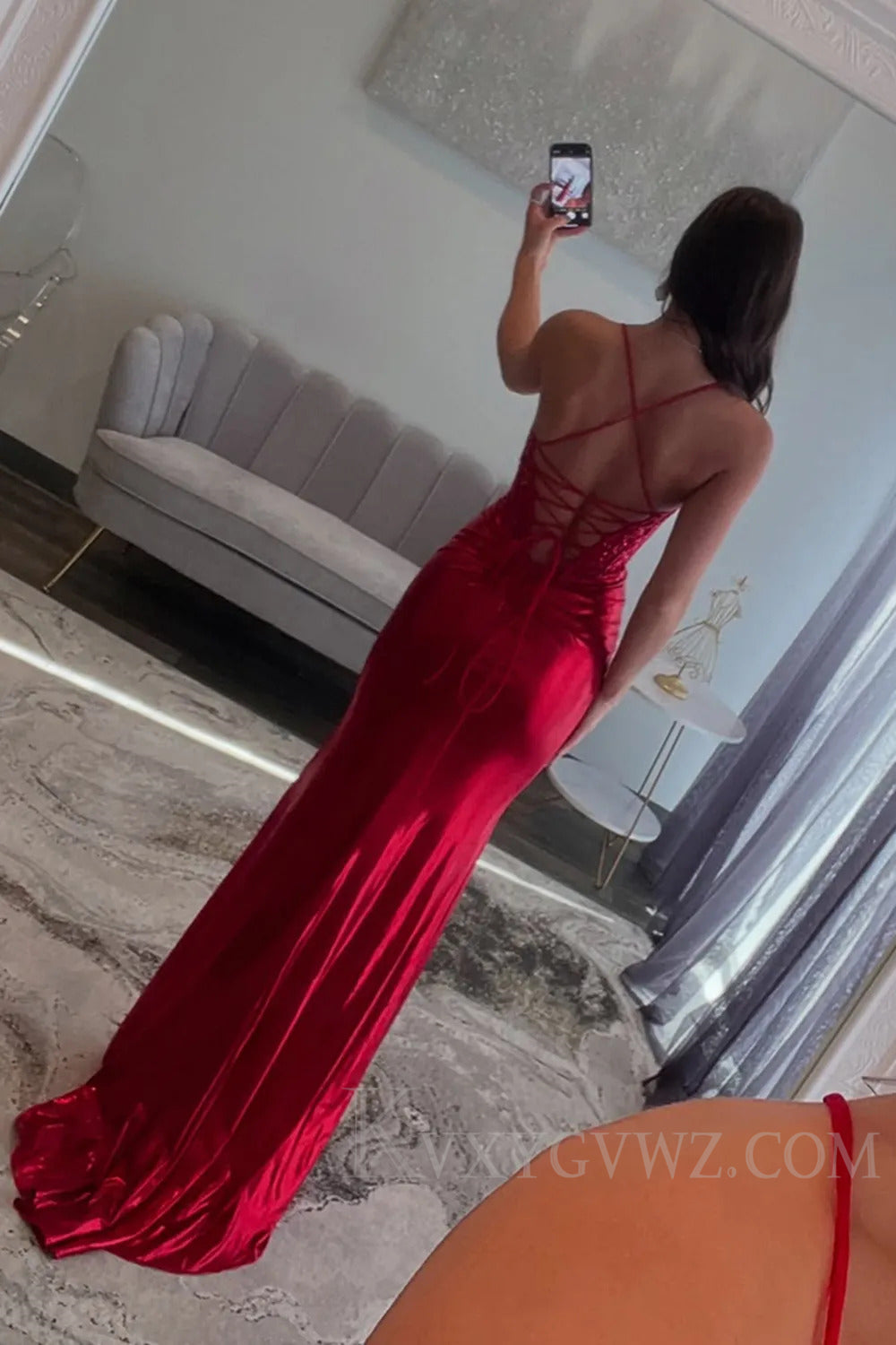 Red Spaghetti Straps Sweep Train  Long Lace Prom Dress with Appliques LF194