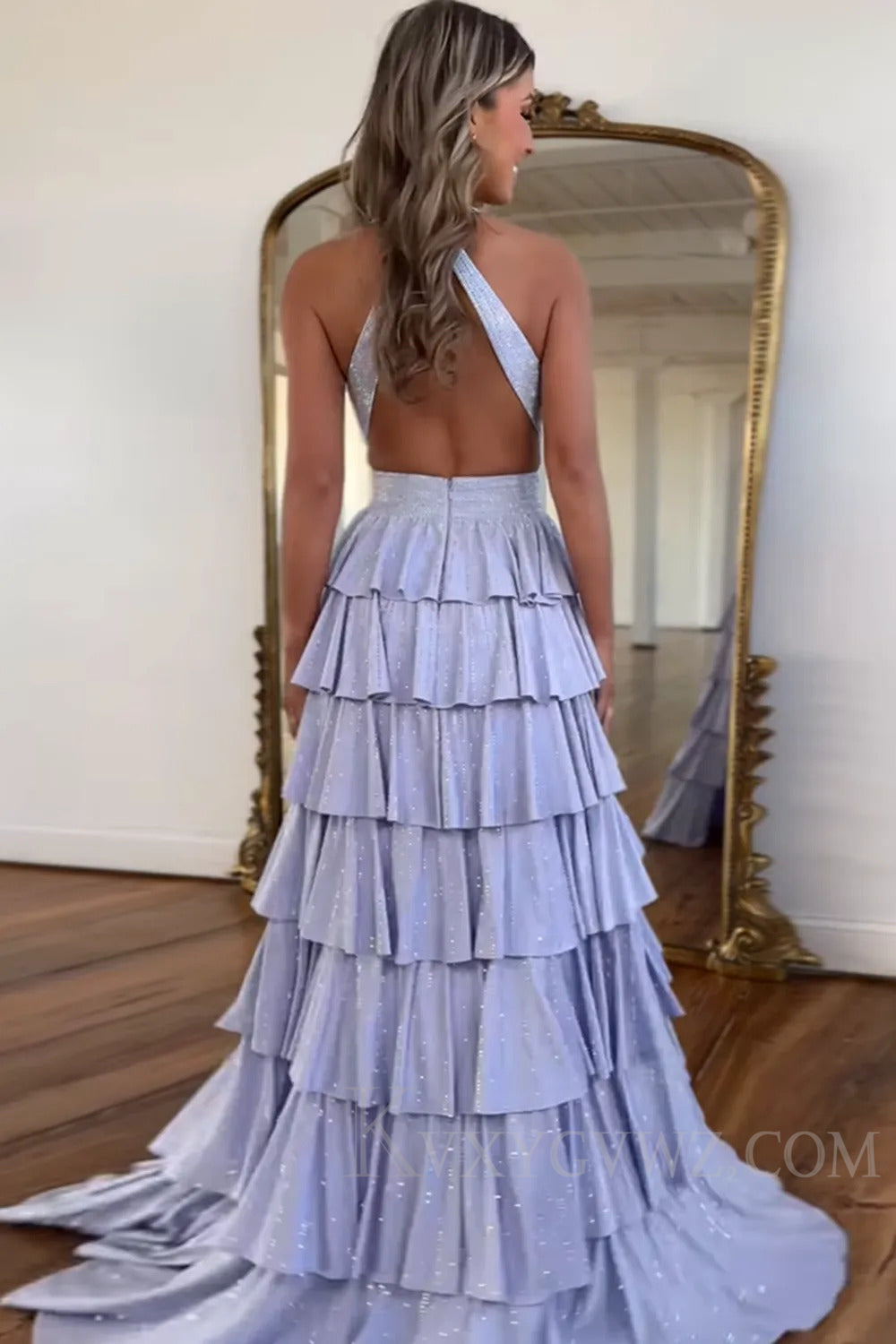 A-Line Sparkly Lilac Tiered Halter Long Prom Dress with Slit LF199
