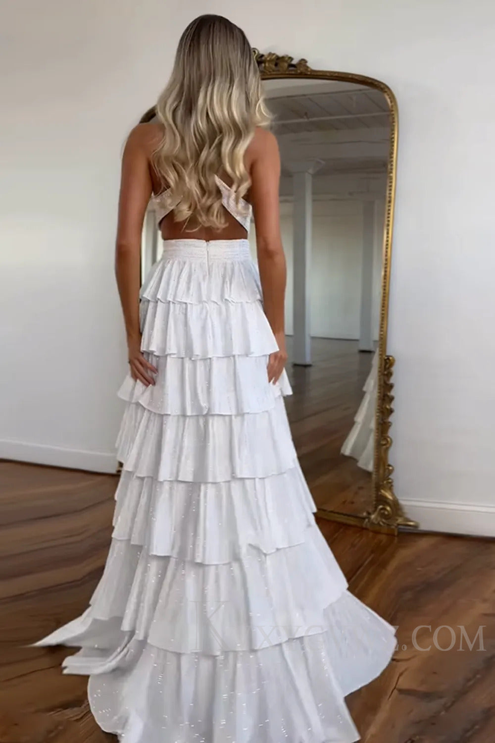 A-Line Sparkly Lilac Tiered Halter Long Prom Dress with Slit LF199