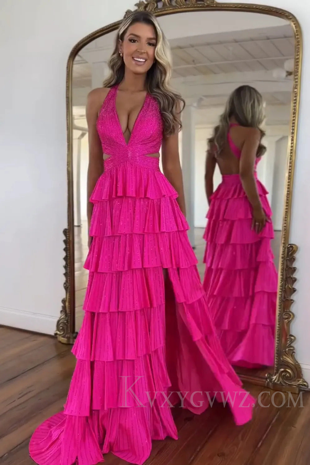 A-Line Sparkly Lilac Tiered Halter Long Prom Dress with Slit LF199