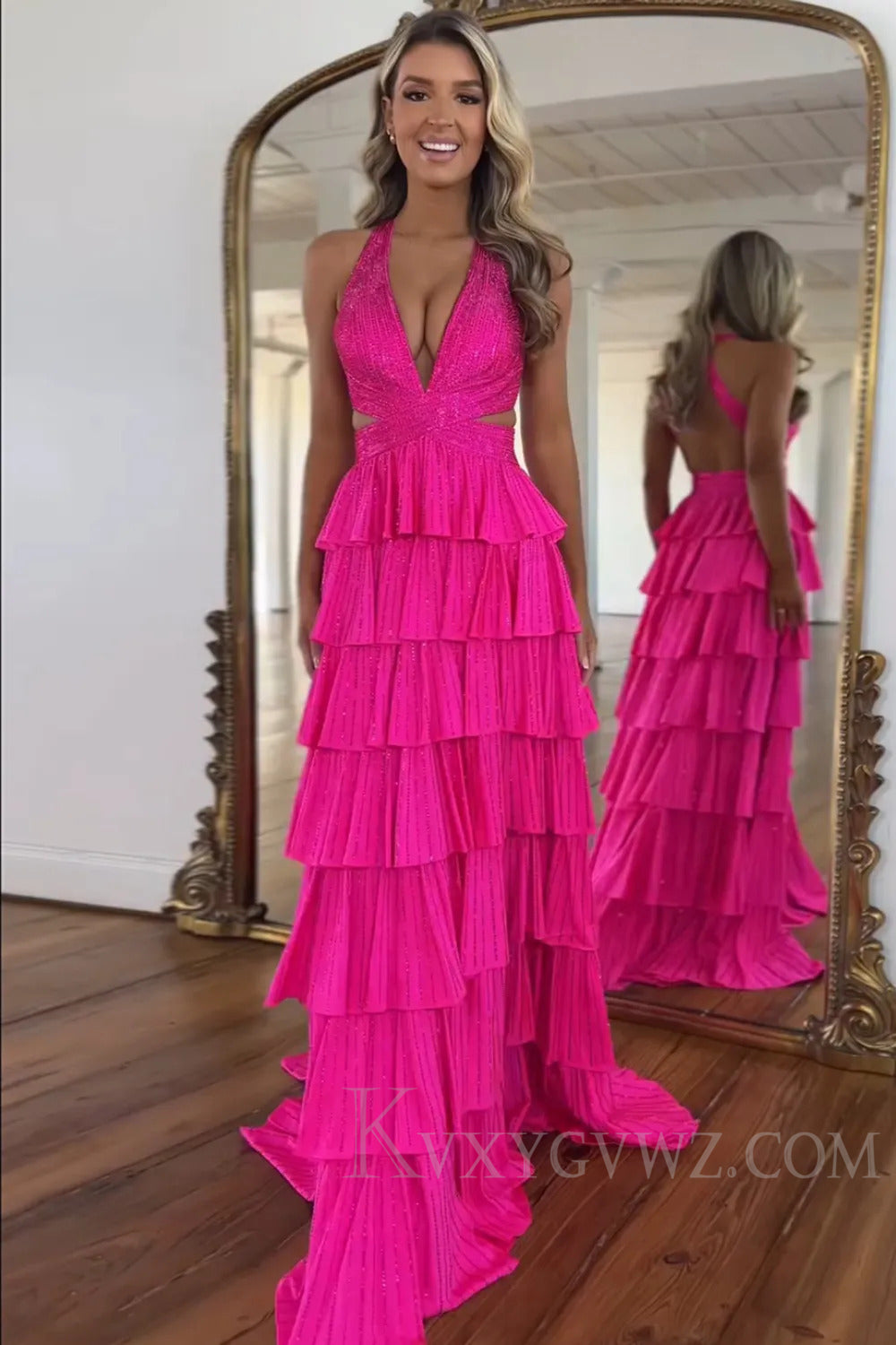 A-Line Sparkly Lilac Tiered Halter Long Prom Dress with Slit LF199