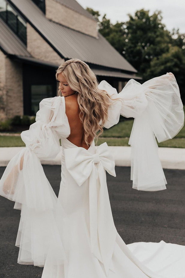 Pastoral Style Mermaid Satin Long Wedding Dresses Gown with Long Sleeves HS969