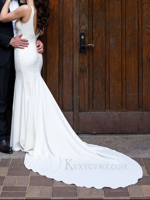 Sexy Deep V Neck Satin Sweep Train Wedding Gown/Dress HS405
