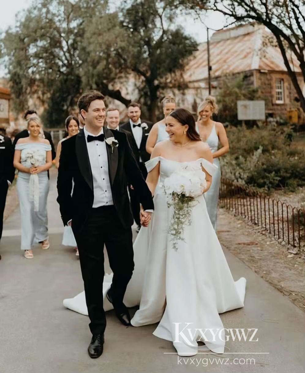 Modern Off-Shoulder Satin A-Line Wedding Dress with High Slit for a Chic Bridal Gown HS464