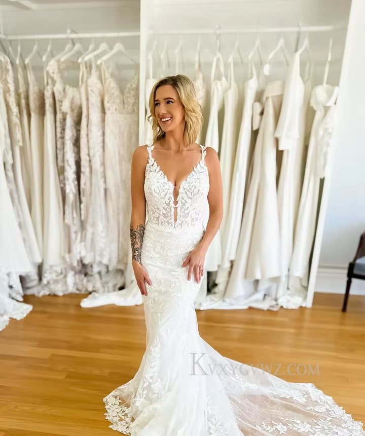 Deep V Neck Sweep Train Lace Wedding Gown/Dress With Appliques HS406