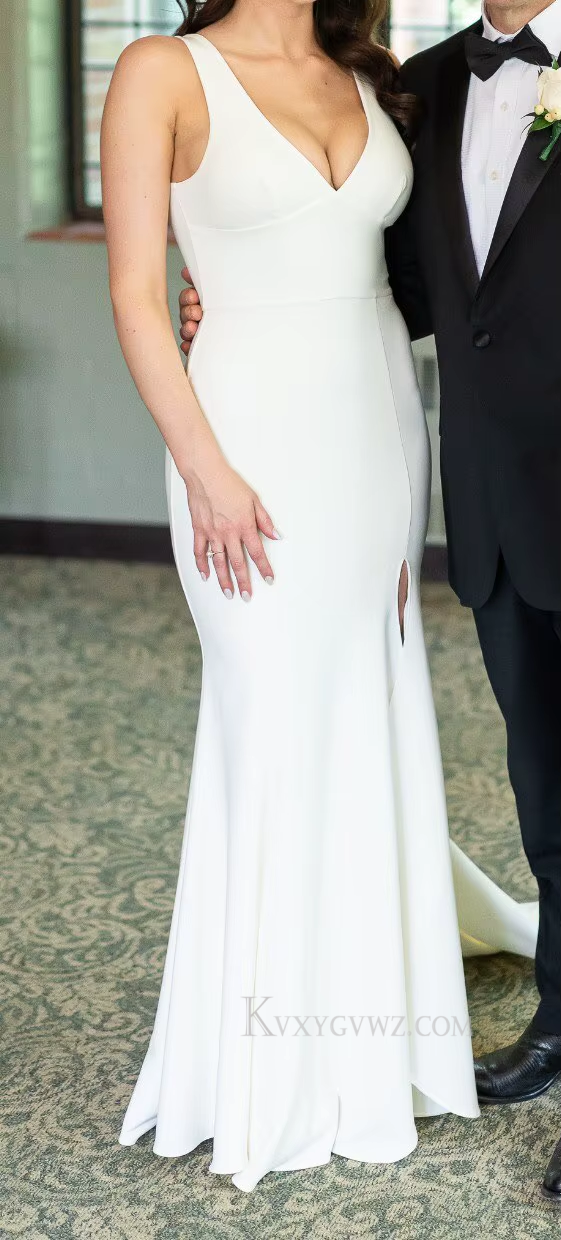 Sexy Deep V Neck Satin Sweep Train Wedding Gown/Dress HS405