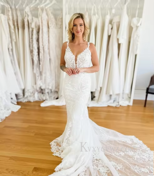Deep V Neck Sweep Train Lace Wedding Gown/Dress With Appliques HS406