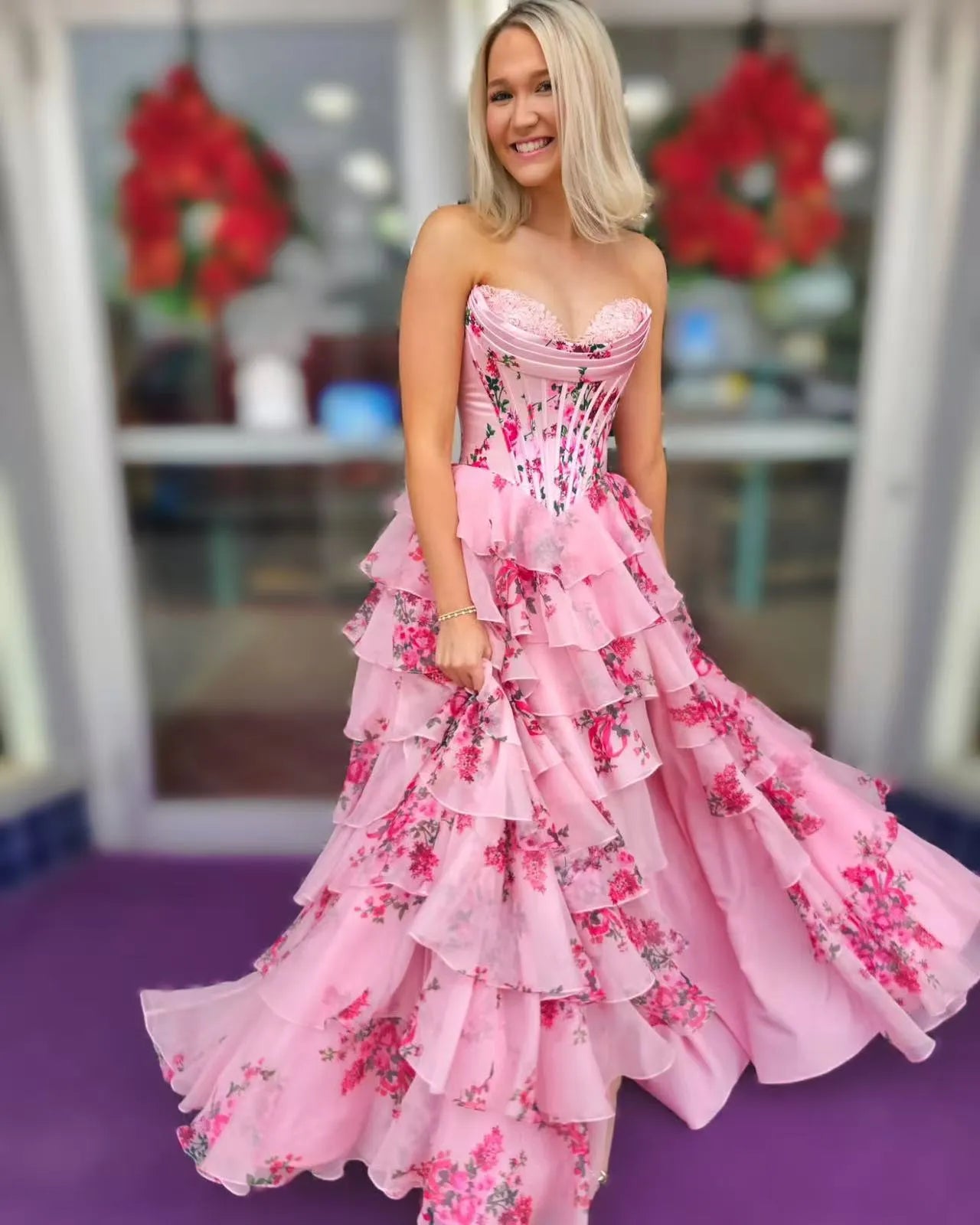 White Blue/Pink Flower Tiered Sweetheart Corset High Split Long Prom Dress LF001