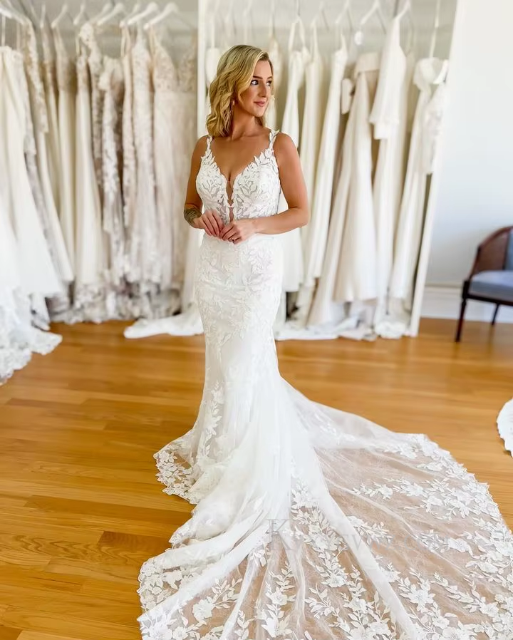 Deep V Neck Sweep Train Lace Wedding Gown/Dress With Appliques HS406