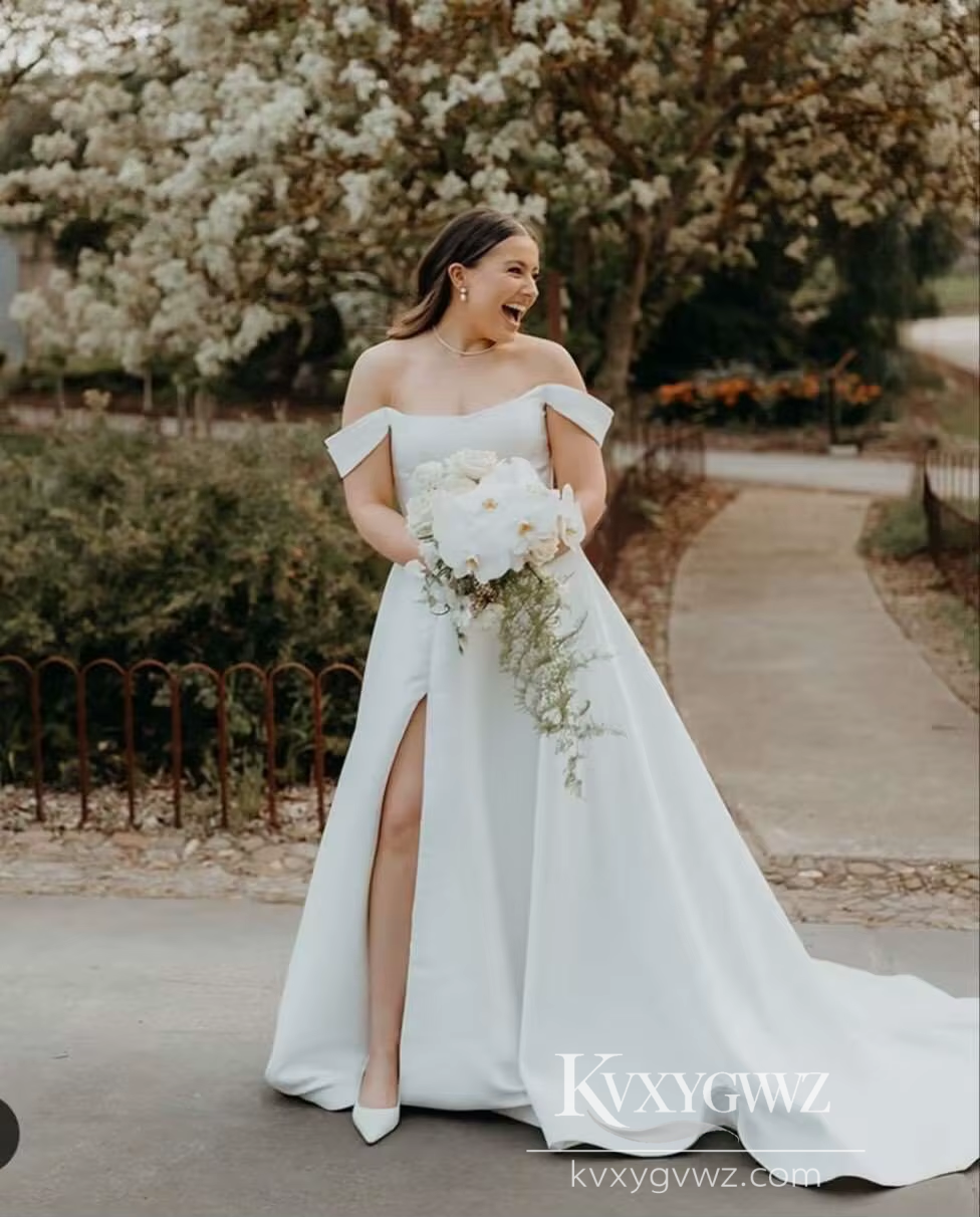Modern Off-Shoulder Satin A-Line Wedding Dress with High Slit for a Chic Bridal Gown HS464