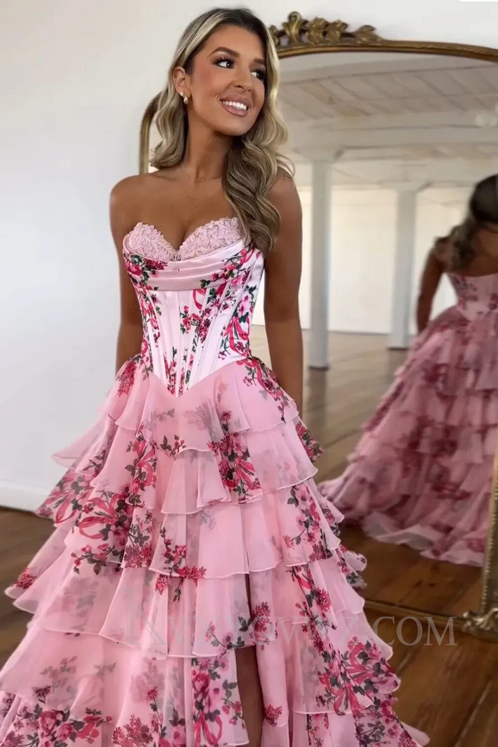 White Blue/Pink Flower Tiered Sweetheart Corset High Split Long Prom Dress LF001