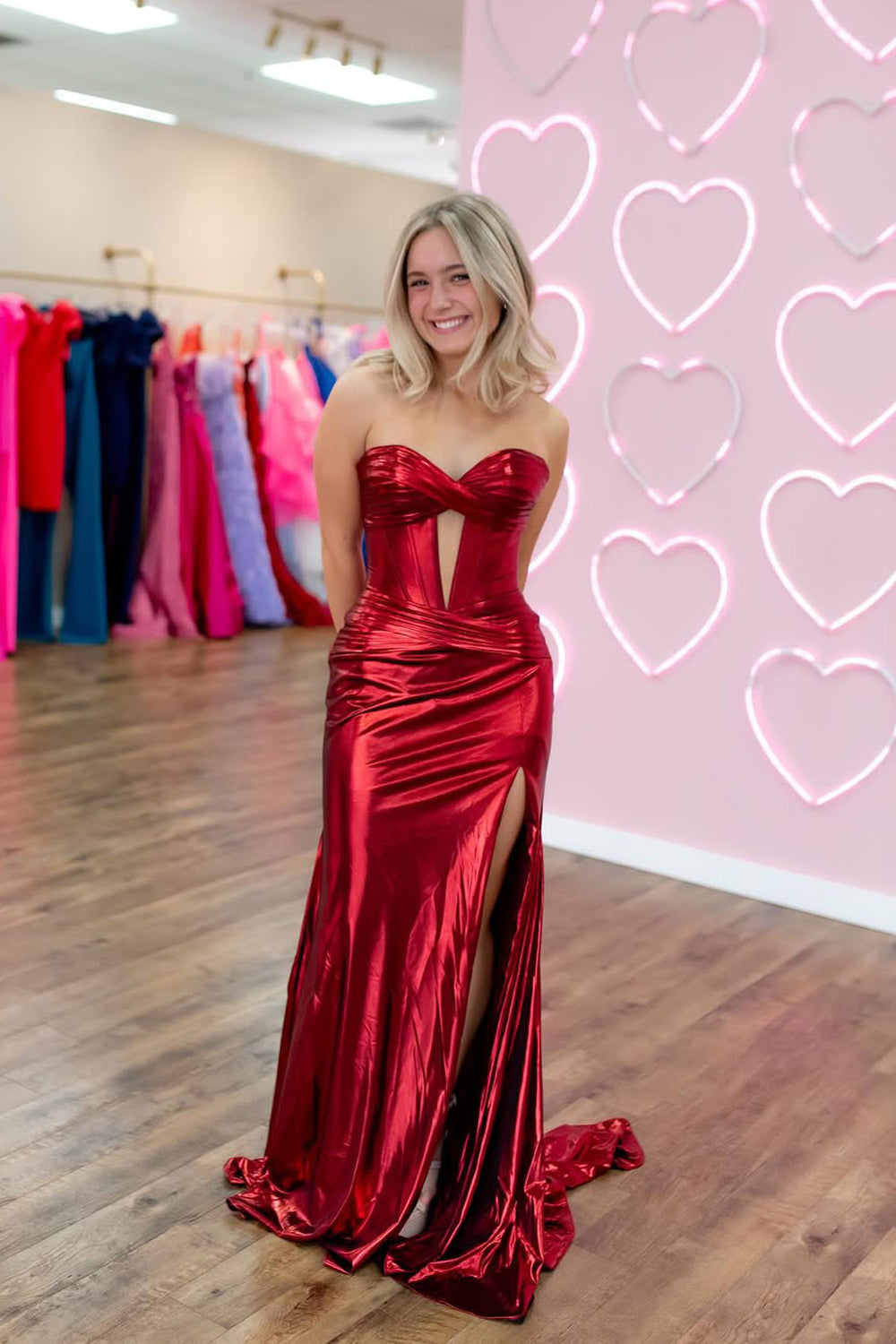 Sexy Mermaid Strapless Keyhole Green Satin Long Prom Dress Gown with Slit LF1294