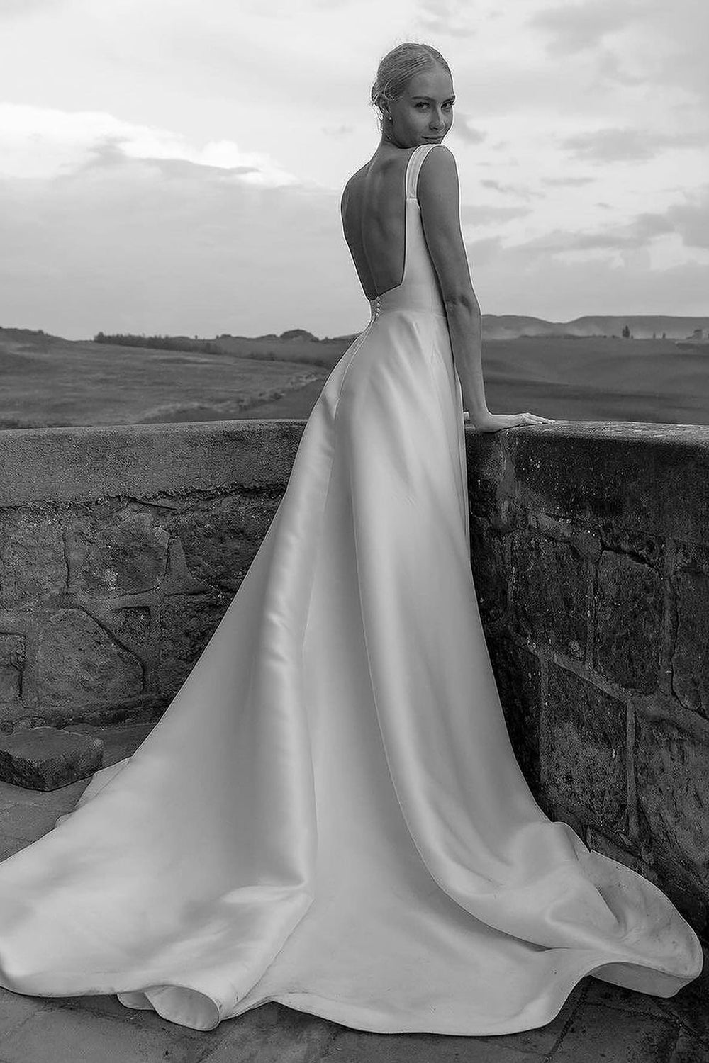 Modern A Line Square Neck Satin Long Wedding Dresses Gown HS970