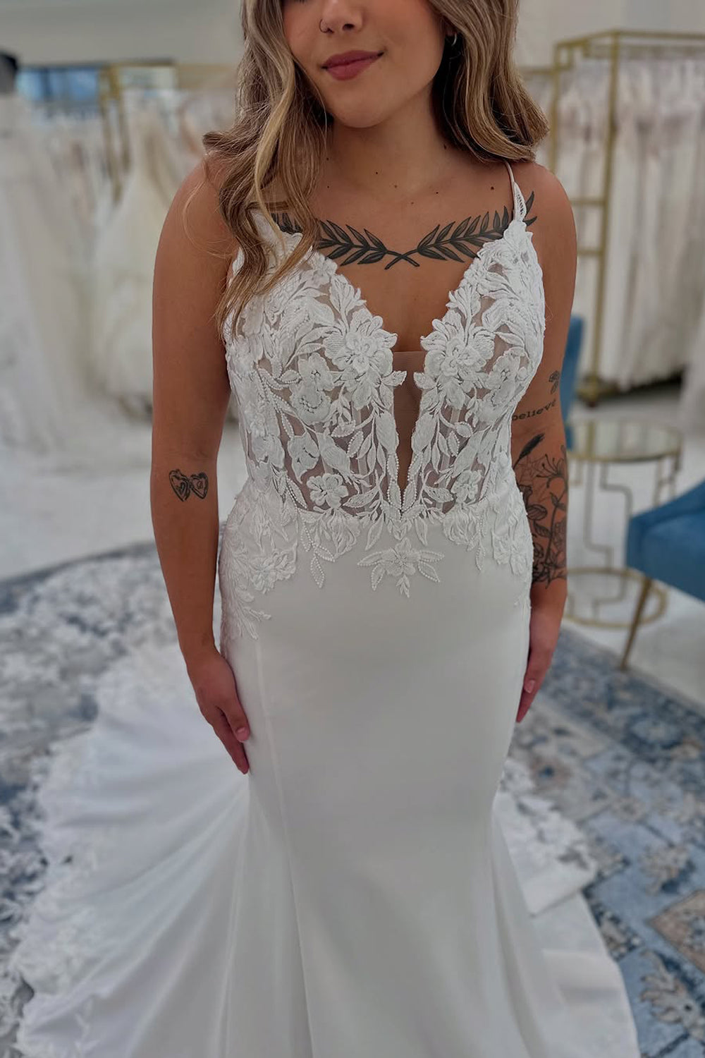 Mermaid V Neck White Satin Lace Wedding Dresses Gown with Train HS816