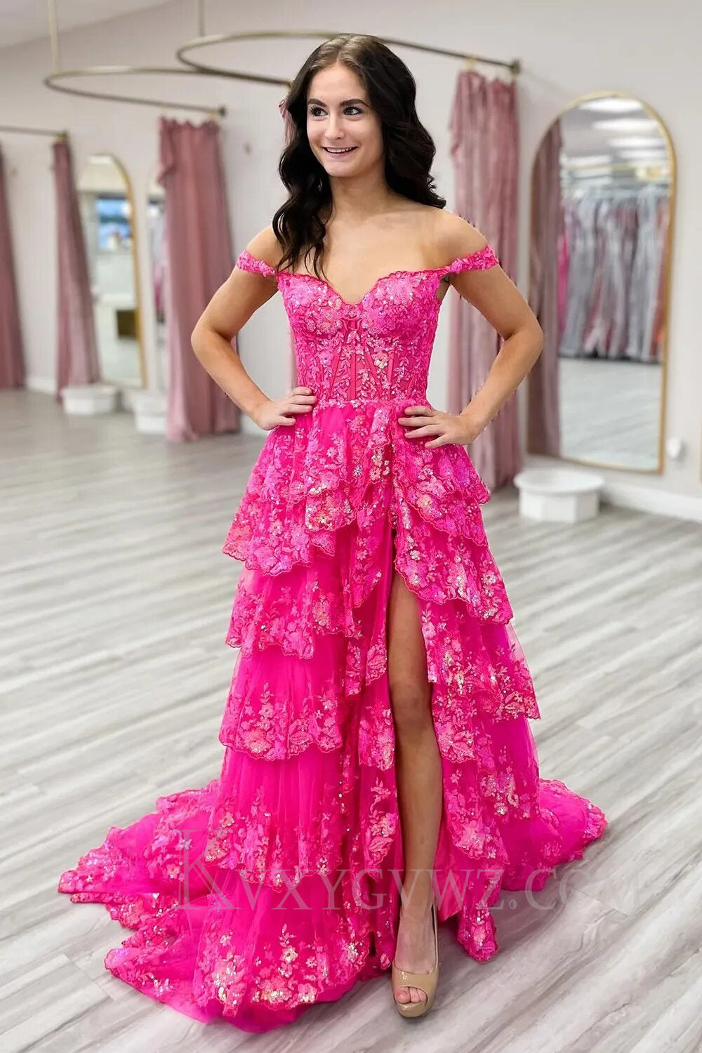 Black Off The Shoulder Tiered Lace Sequins Prom Dress LF002