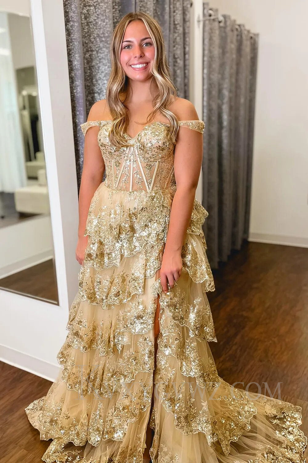 Black Off The Shoulder Tiered Lace Sequins Prom Dress LF002