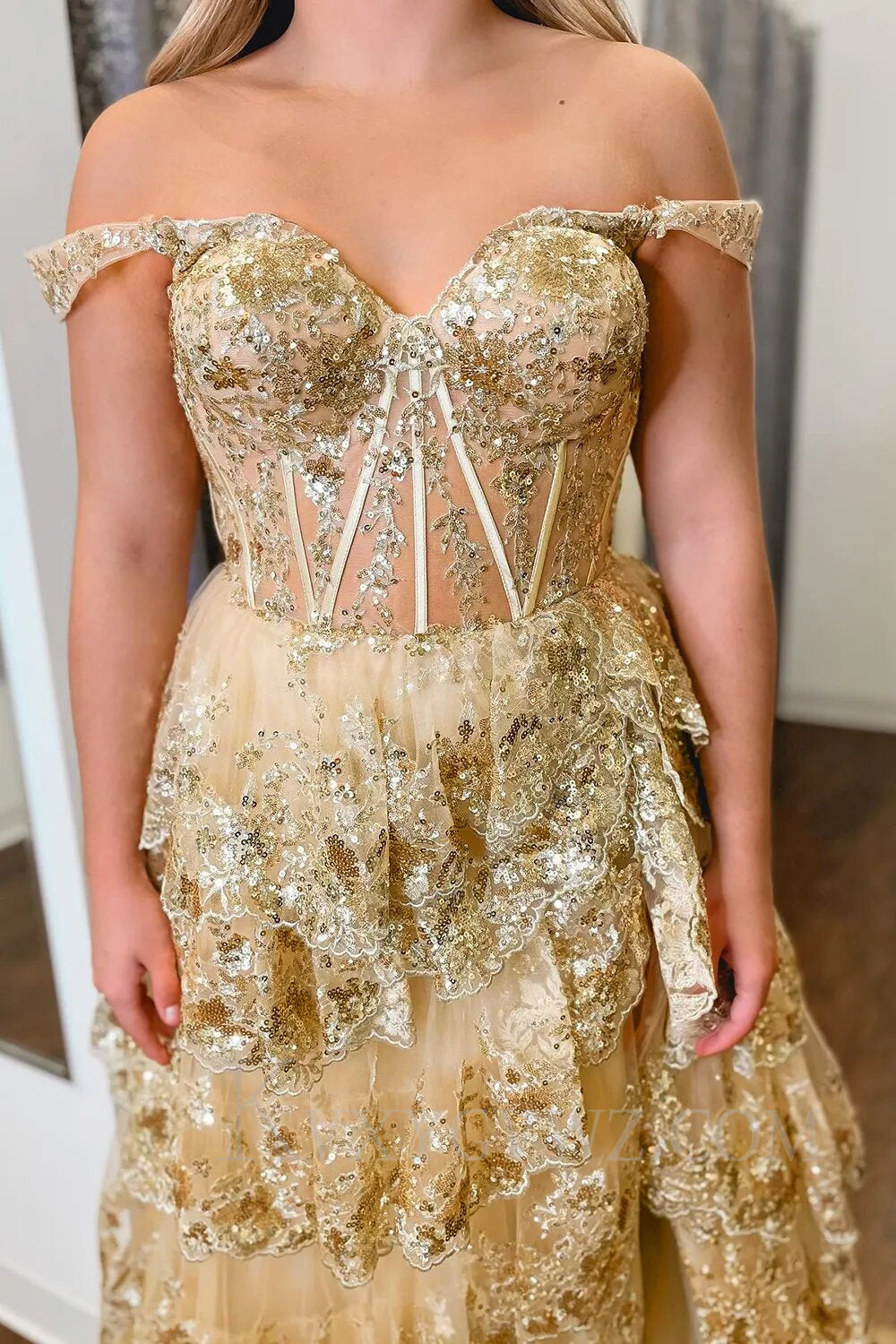 Black Off The Shoulder Tiered Lace Sequins Prom Dress LF002