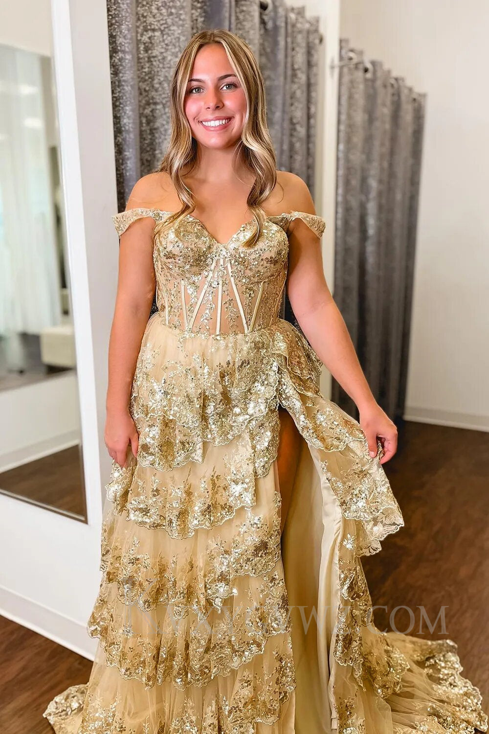 Black Off The Shoulder Tiered Lace Sequins Prom Dress LF002
