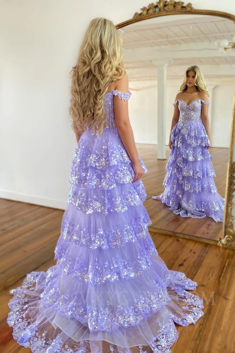 Black Off The Shoulder Tiered Lace Sequins Prom Dress LF002