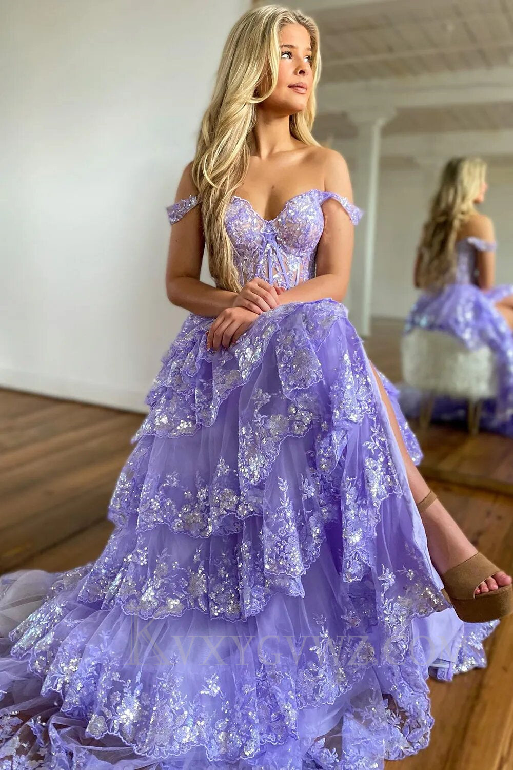Black Off The Shoulder Tiered Lace Sequins Prom Dress LF002