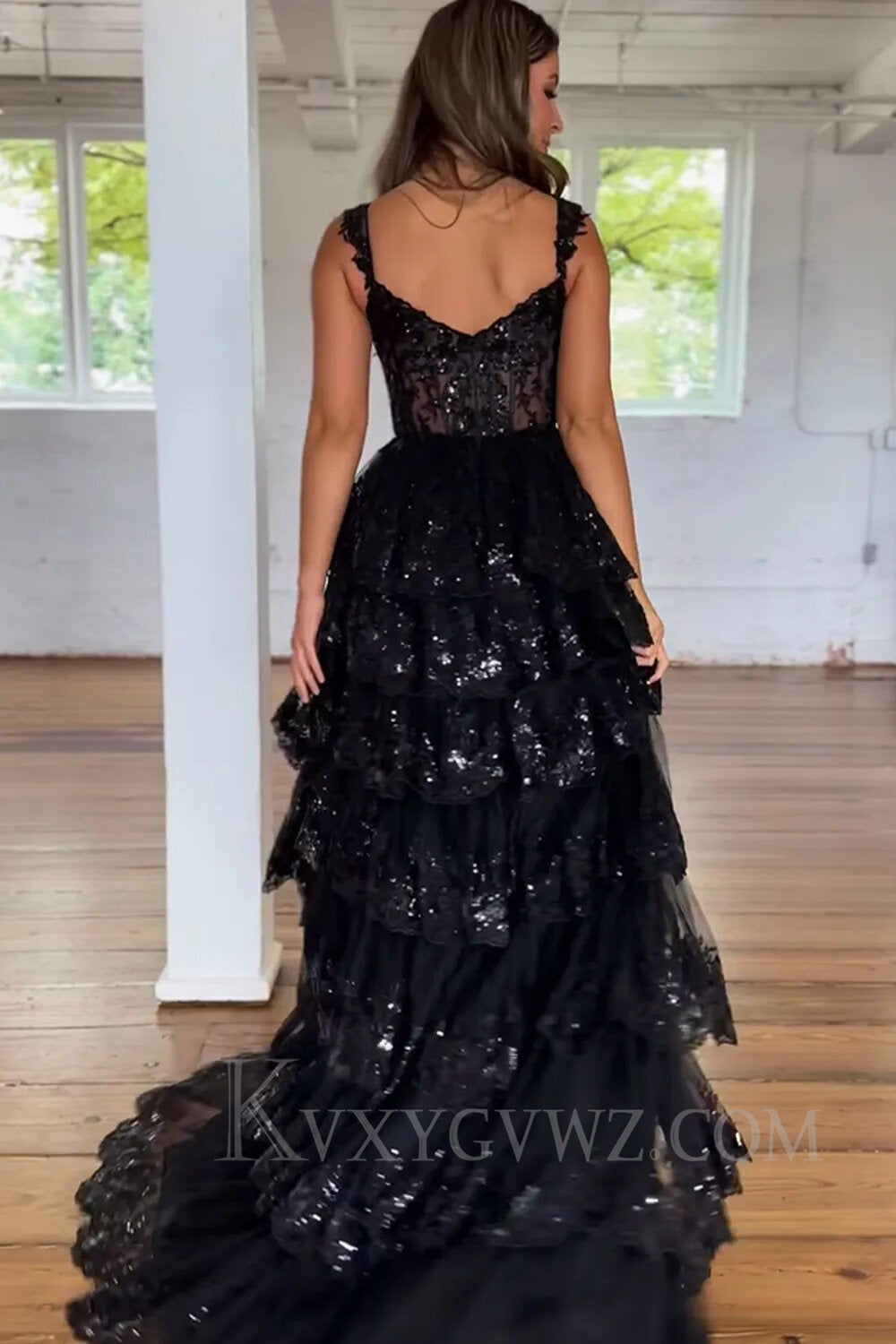 Black Off The Shoulder Tiered Lace Sequins Prom Dress LF002