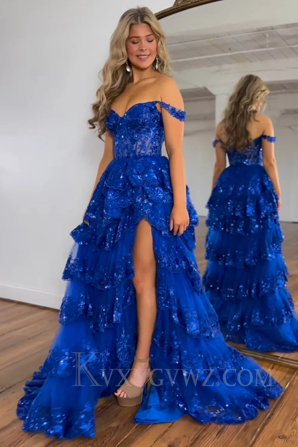 Black Off The Shoulder Tiered Lace Sequins Prom Dress LF002