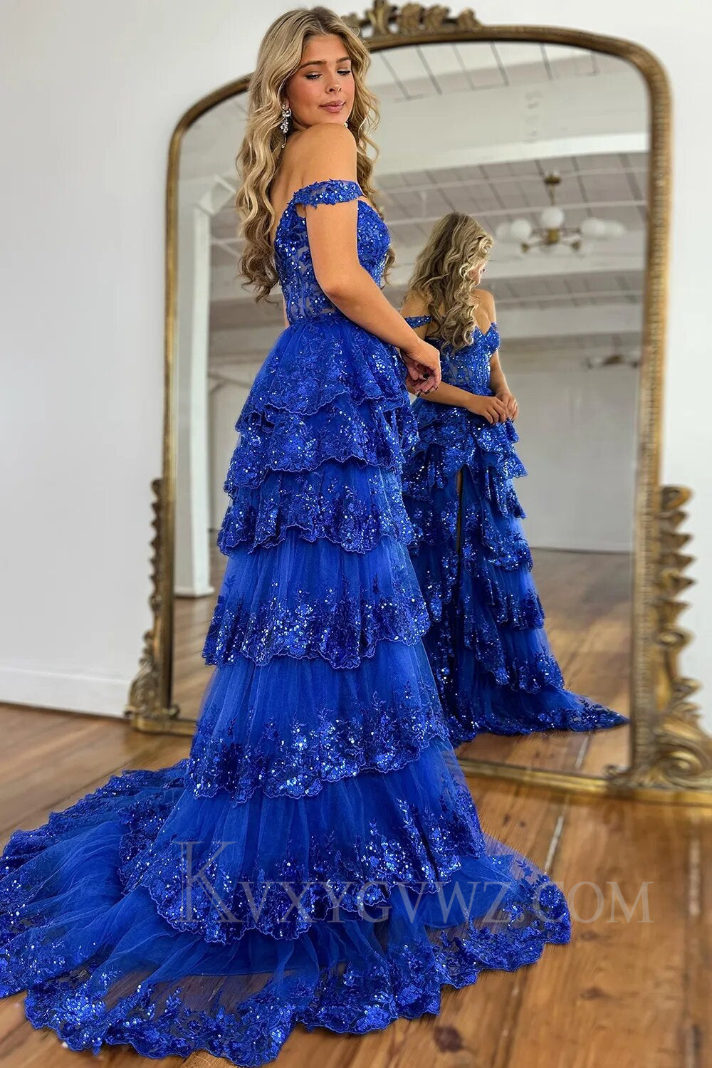 Black Off The Shoulder Tiered Lace Sequins Prom Dress LF002