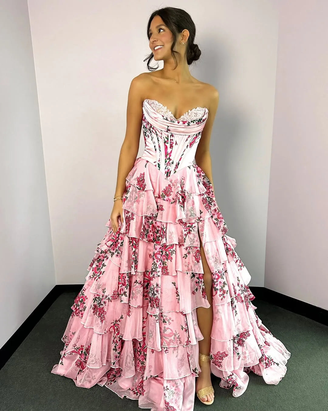 White Blue/Pink Flower Tiered Sweetheart Corset High Split Long Prom Dress LF001