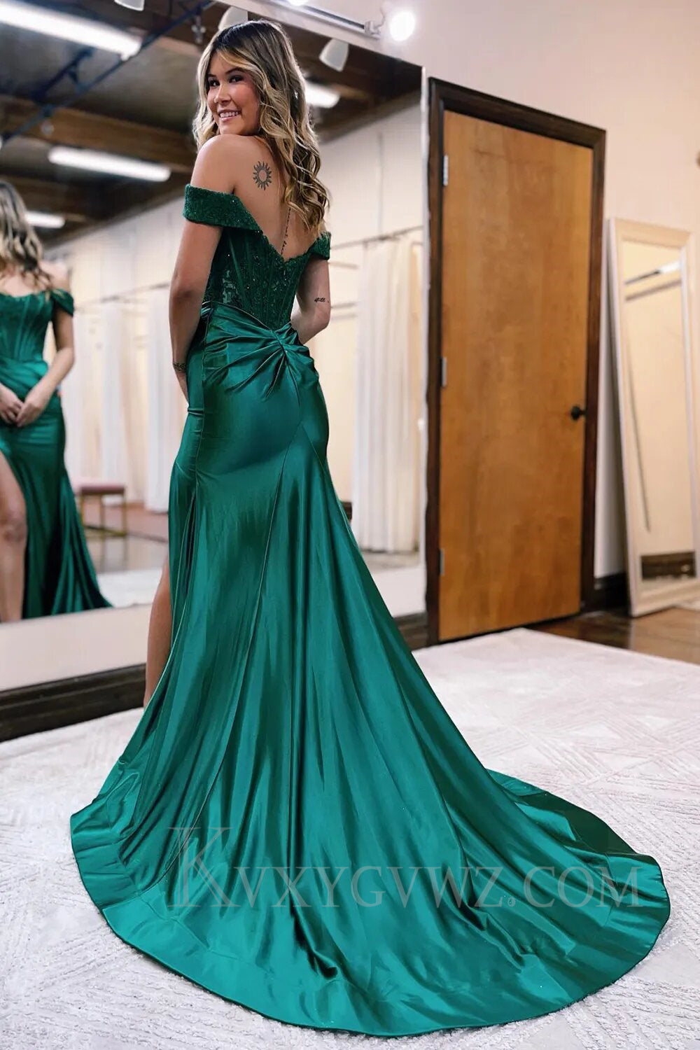 Sparkly Royal Blue Corset Detachable Neck Mermaid Long Prom Dress with Slit LF020