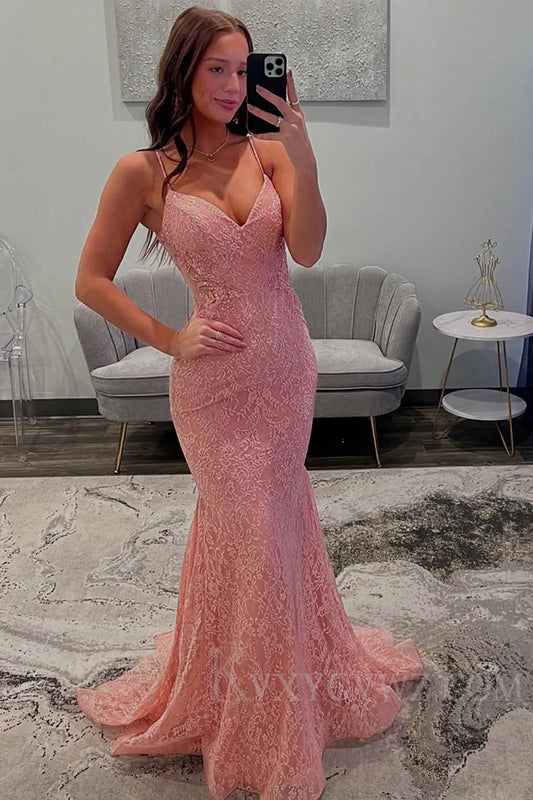 Spaghetti Straps Pink Lace Long Mermaid Prom Dress LF202