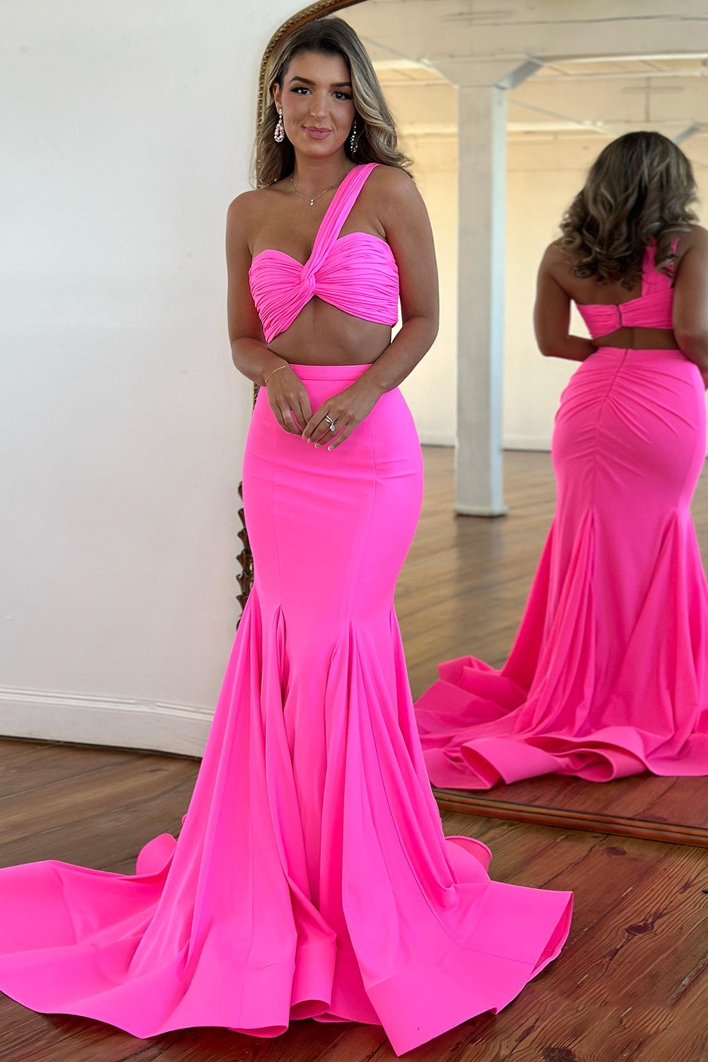 Charming Mermaid One Shoulder Evening Gown Pink Pleated Prom Dress with Slit LF667