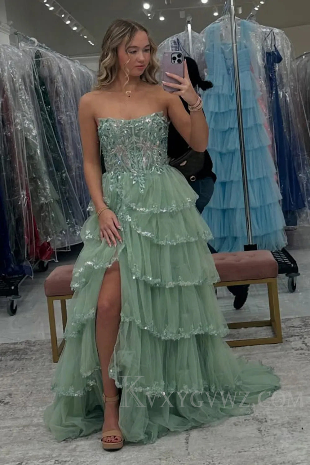 Sparkly Red Ruffled Corset A Line Long Prom Dress with Lace LF209